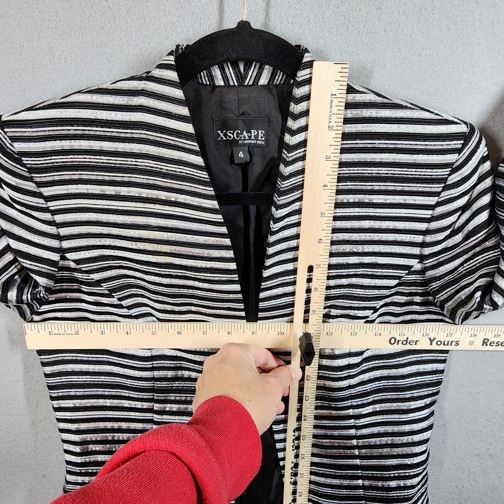 Xscape Blazer Womens 4 Black White Striped Metallic Open Front Jacket Made USA - Picture 7 of 8